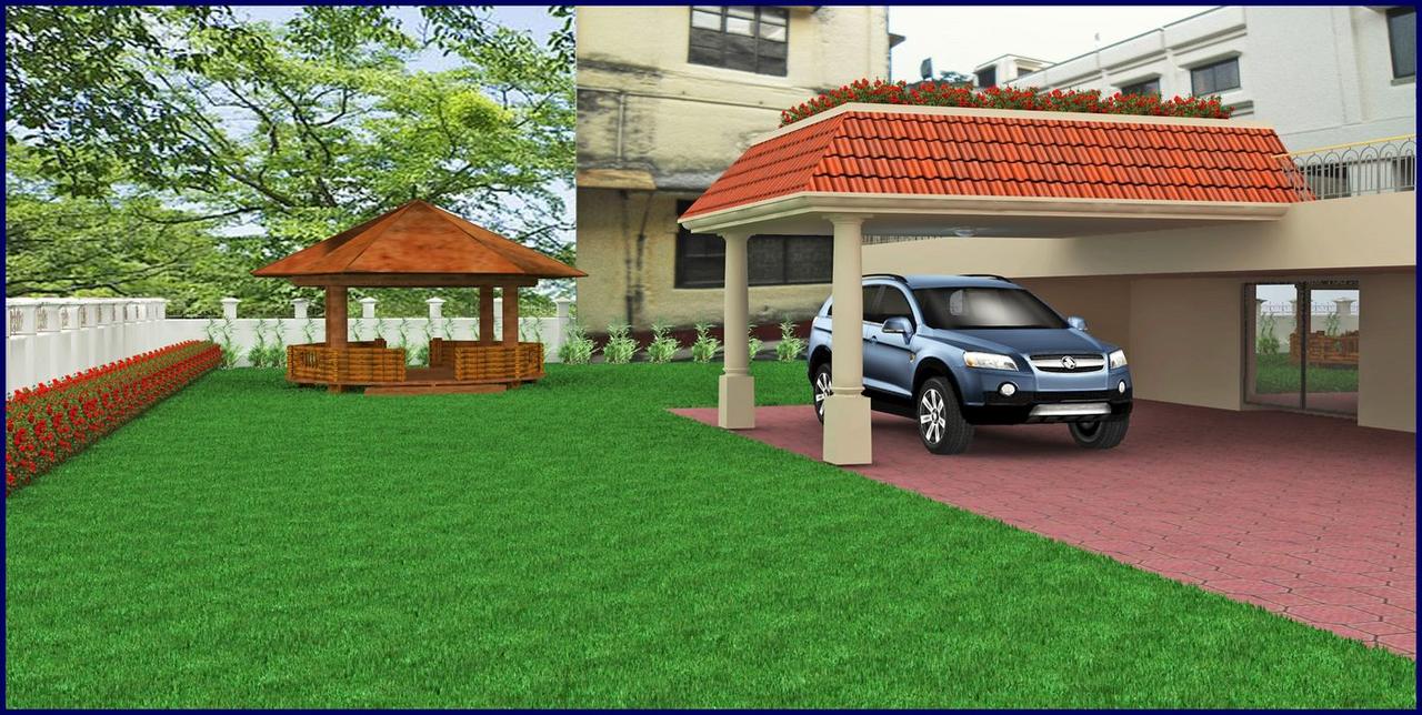Design render of a tiled-roof carport and timber garden gazebo for the Gulshan residence
