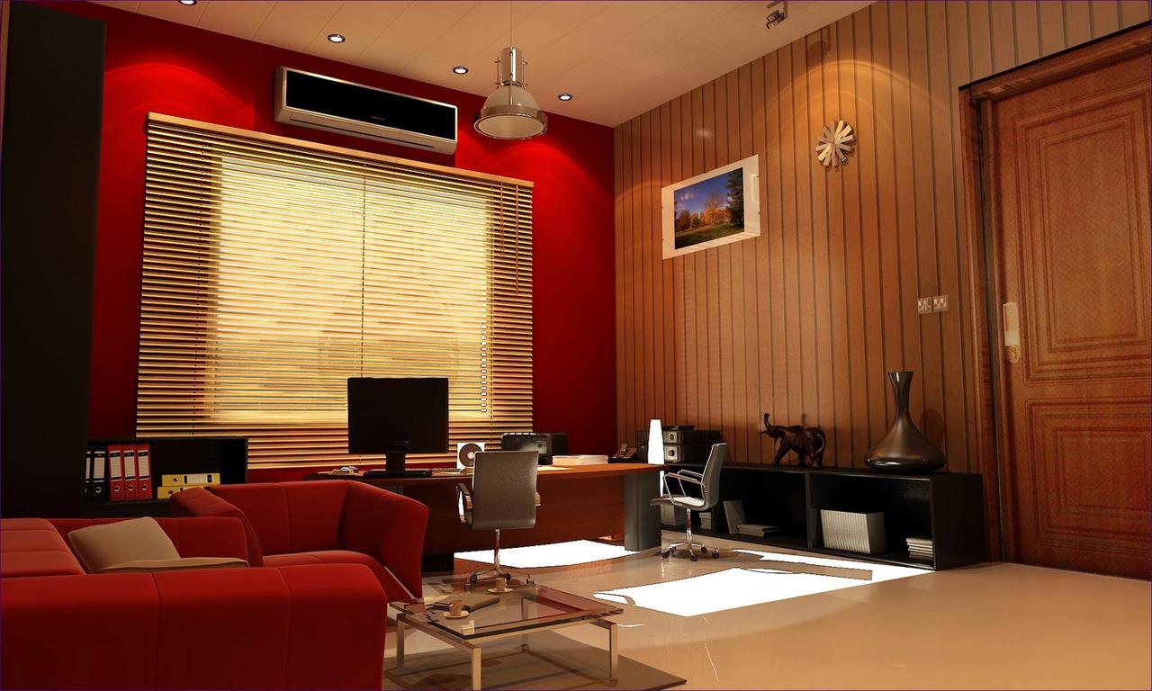 Office interior render with red feature wall for the Gulshan residence
