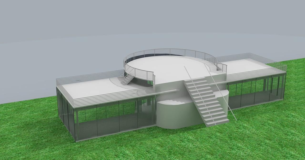 Elevation design render of the Jaljochora Party Center with rooftop stairs